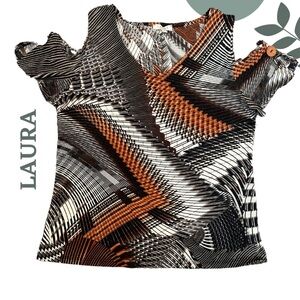 🛍️3/$40 Laura Women's Abstract Print Top Cold Shoulder Black, White Brown Medium